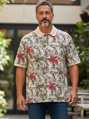 EAGLE Hawaiian Print Short Sleeve Polo Shirt Beige With Red Floral Men’s XL